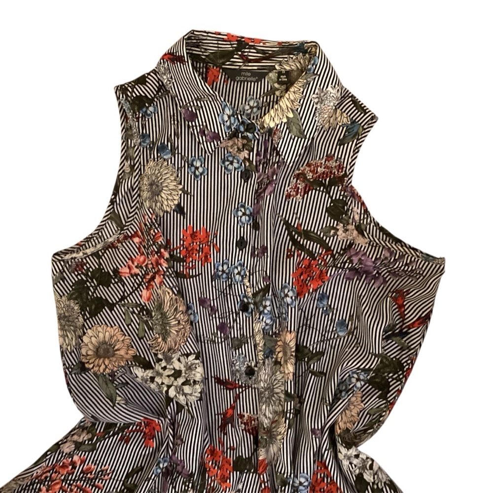 Nautical Stripped Floral Shirt Neck Sleeveless Dress Plus Size 1X - Picture 3 of 4